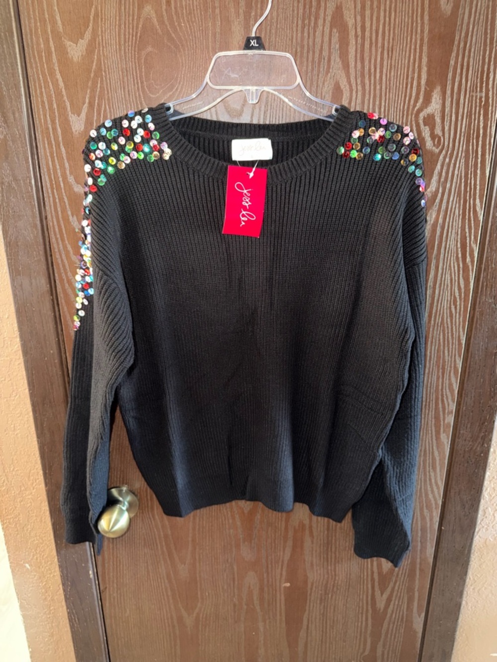 Jess Lea Black Crewneck Sweater with Multicolor Sequin Shoulders